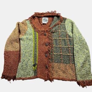 Curio Patchwork Knit Cardigan Sweater Women’s Medium Boho Textured Fringe